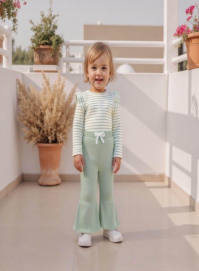 FOCUSNORM Toddler Baby Girl Outfits Ruffle Long Sleeve Striped Trim Tops + Flare Pants Set Toddler 2Pcs Fall Winter Clothes (Striped Green, 2-3T) - Image 4