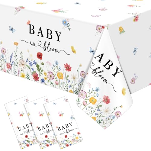 KEASKELL 3 Pcs Spring Baby in Bloom Baby Shower Tablecloths, Disposable Floral Table Cloth Wildflower Butterfly Table Covers for Baby Shower Spring Birthday Party Decorations, 54x108 Inches - Image 1