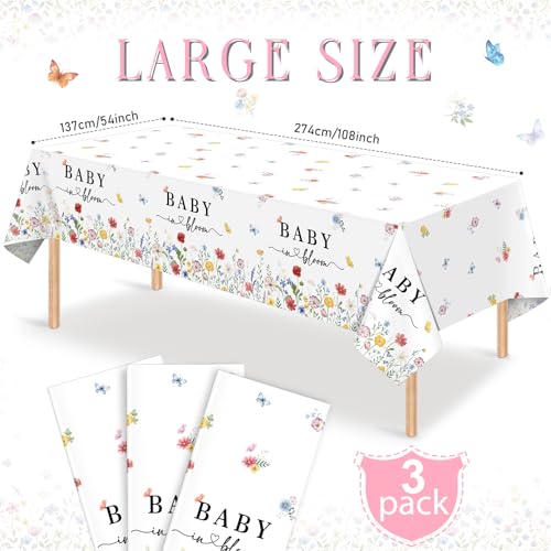 KEASKELL 3 Pcs Spring Baby in Bloom Baby Shower Tablecloths, Disposable Floral Table Cloth Wildflower Butterfly Table Covers for Baby Shower Spring Birthday Party Decorations, 54x108 Inches - Image 2