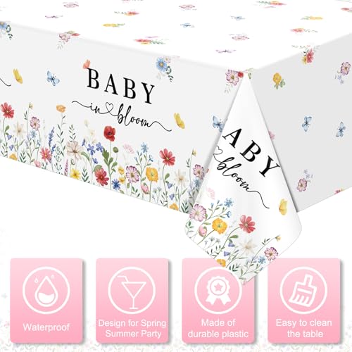 KEASKELL 3 Pcs Spring Baby in Bloom Baby Shower Tablecloths, Disposable Floral Table Cloth Wildflower Butterfly Table Covers for Baby Shower Spring Birthday Party Decorations, 54x108 Inches - Image 3