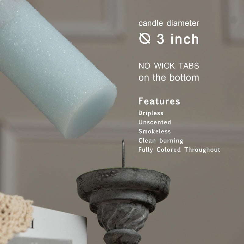 MOZEAL Hand-Poured Granular Texture Decorative Baby Blue Pillar Candles Set of 3 (3"x4", 5", 6"),Approx 300 Hours Burn Time Dripless, Unscented, Smokeless, Spring Party Decor Candle Lover Gift - Image 2