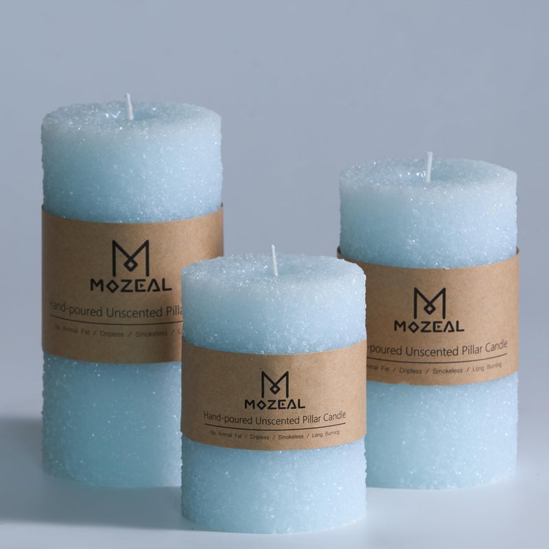 MOZEAL Hand-Poured Granular Texture Decorative Baby Blue Pillar Candles Set of 3 (3"x4", 5", 6"),Approx 300 Hours Burn Time Dripless, Unscented, Smokeless, Spring Party Decor Candle Lover Gift - Image 1