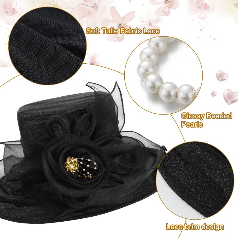 Aurelema 5 Pcs Derby Fascinator Hat Gloves Set for Women Tea Party with Pearl Necklace Bracelet and Earring(Black,Lace) - Image 3