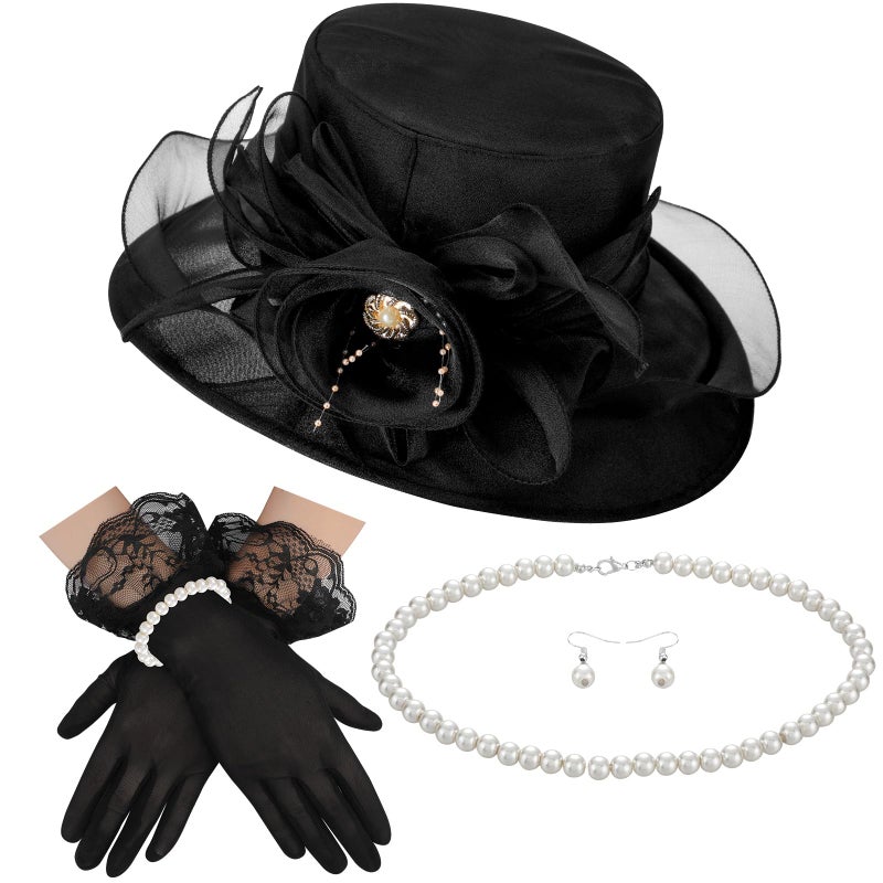 Aurelema 5 Pcs Derby Fascinator Hat Gloves Set for Women Tea Party with Pearl Necklace Bracelet and Earring(Black,Lace) - Image 1