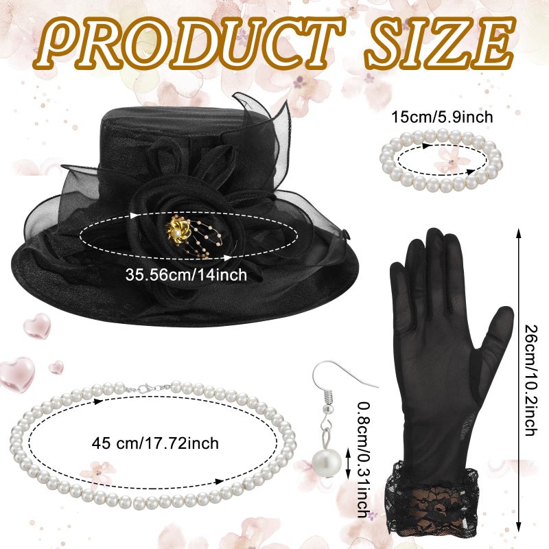 Aurelema 5 Pcs Derby Fascinator Hat Gloves Set for Women Tea Party with Pearl Necklace Bracelet and Earring(Black,Lace) - Image 2