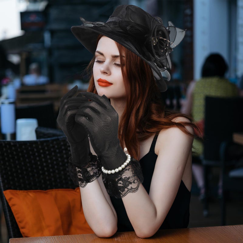Aurelema 5 Pcs Derby Fascinator Hat Gloves Set for Women Tea Party with Pearl Necklace Bracelet and Earring(Black,Lace) - Image 4