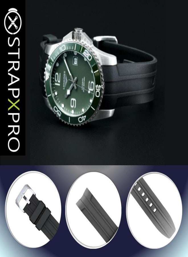 INO Design سوار ساعة INO Design StrapXPro (LXH1C) مقاس 21 مم، مزود بمشبك سريع الفك، مصنوع من مطاط FKM، ذو طرف منحني، بديل لسوار ساعة Longines Hydroconquest/Conquest (إصدارات 2007-2022)، أسود اللون مع مشبك أسود. - Image 3