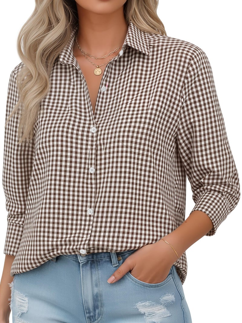 COUXILY Womens Long Sleeves Button Up Shirt for Women Down Plaid Shirts Checkered Fall Oversized Striped Gingham Business Casual Spring Tops Boyfriend Style Blouse Brown and White Plaid L - Image 1