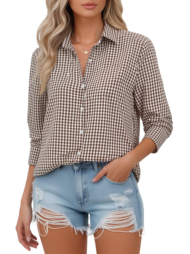 COUXILY Womens Long Sleeves Button Up Shirt for Women Down Plaid Shirts Checkered Fall Oversized Striped Gingham Business Casual Spring Tops Boyfriend Style Blouse Brown and White Plaid L - Image 2