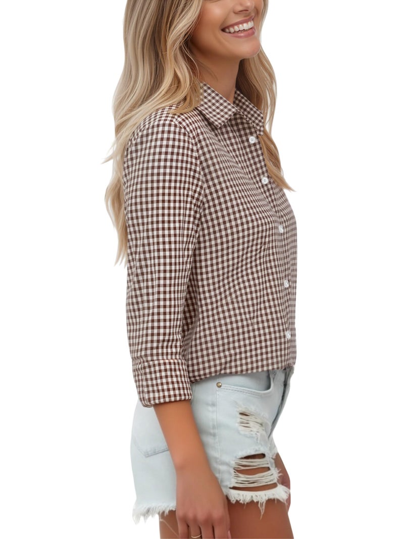 COUXILY Womens Long Sleeves Button Up Shirt for Women Down Plaid Shirts Checkered Fall Oversized Striped Gingham Business Casual Spring Tops Boyfriend Style Blouse Brown and White Plaid L - Image 3