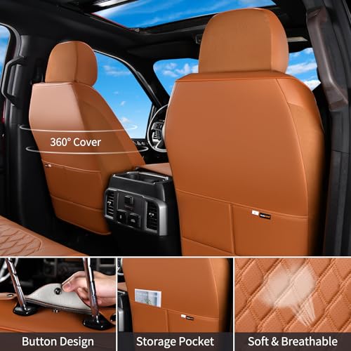 Huidasource Tacoma Car Seat Covers Brown Fit for 3rd Gen Toyota Tacoma 2016-2023 Double & Crew Cab SR SR5 Limited TRD Sport/Pro/Off Road, Front & Back Leather Truck Seat Cover (Full Set/Brown) - Image 2