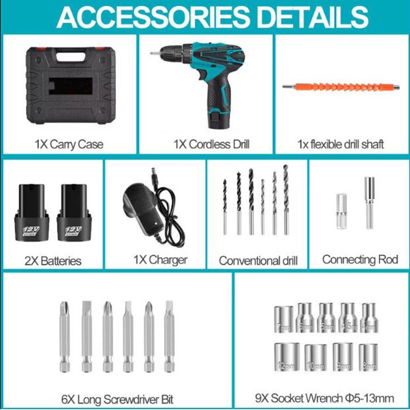 Galaxe Torque Portable Cordless Drill Set Wireless Battery Power Impact Drills 12V Rechargeable Home Electric Screwdriver Kits GLX12VCD7 28pcs tool kit - Image 2
