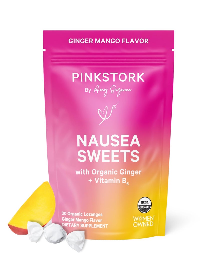 Pink Stork حلوى الغثيان، مع الزنجبيل العضوي + فيتامين ب6، 30 حبة لوزينج عضوية، نكهة الزنجبيل والمانجو، مكمل غذائي - Image 1