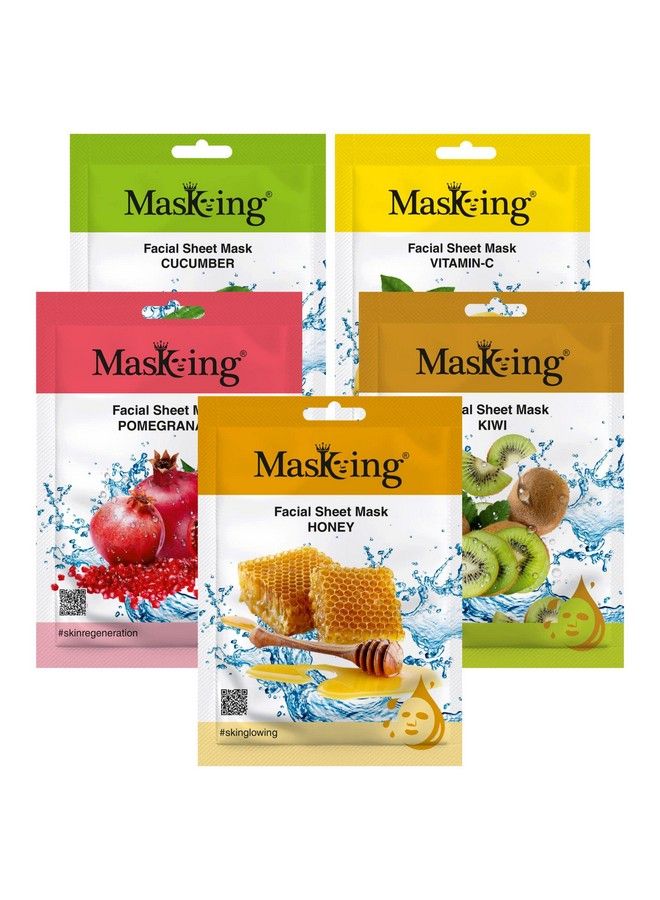 MASKING Beauty Facial Sheet Mask Cucumber Lemon Pomegranate Kiwi & Honey For Skin Calming Brightening Regeneration Lightening & Glowing For Women & Men 100Ml (Combo Of 5) - Image 1