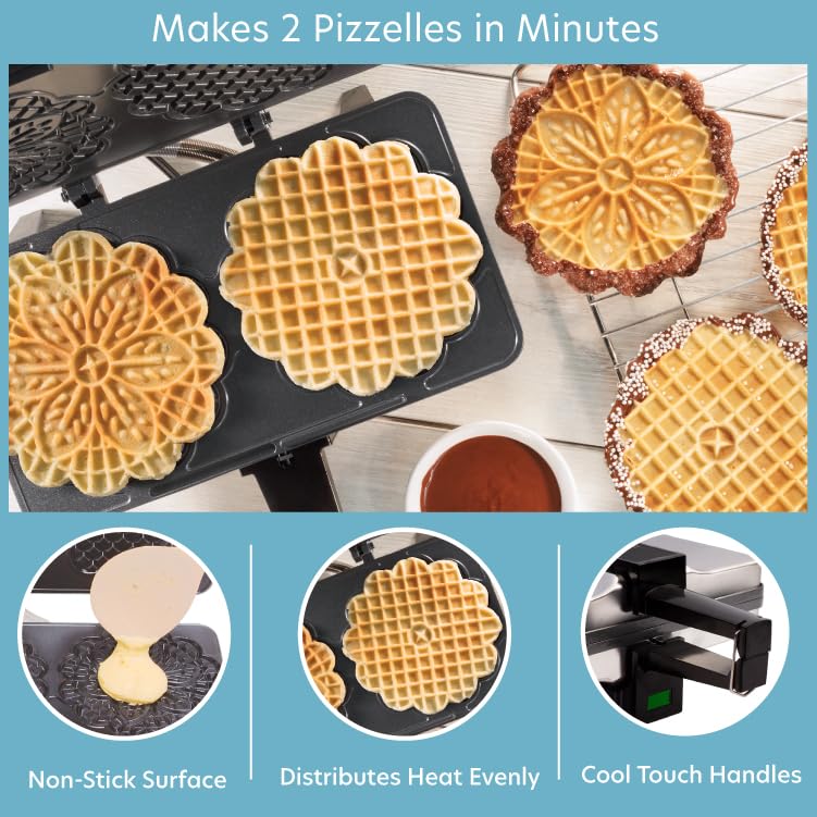 CucinaPro Pizzelle Maker- Nonstick Electric Holiday Baker Press Makes Two 5-Inch Cookies at Once- Christmas Baking Supplies for Party- Italian Dessert Treat Making with Recipe Guide- Cookie Swap Gift for Her - Image 2
