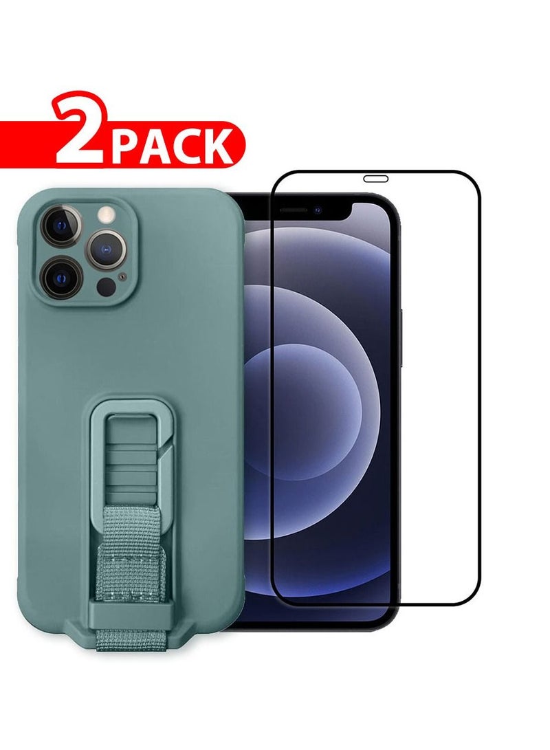 CATANES 2 Pack For iPhone 12 Pro Max Case Cover And Screen Protector With Strap And Adjustable Grip Case Green - Image 1