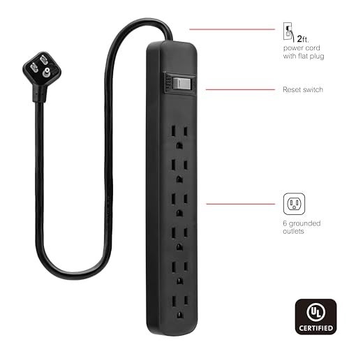 GE 6-Outlet Power Strip, 2 Ft Extension Cord, Heavy Duty Plug, Grounded, Integrated Circuit Breaker, 3-Prong, Wall Mount, ETL Listed, Black, 14831 - Image 3