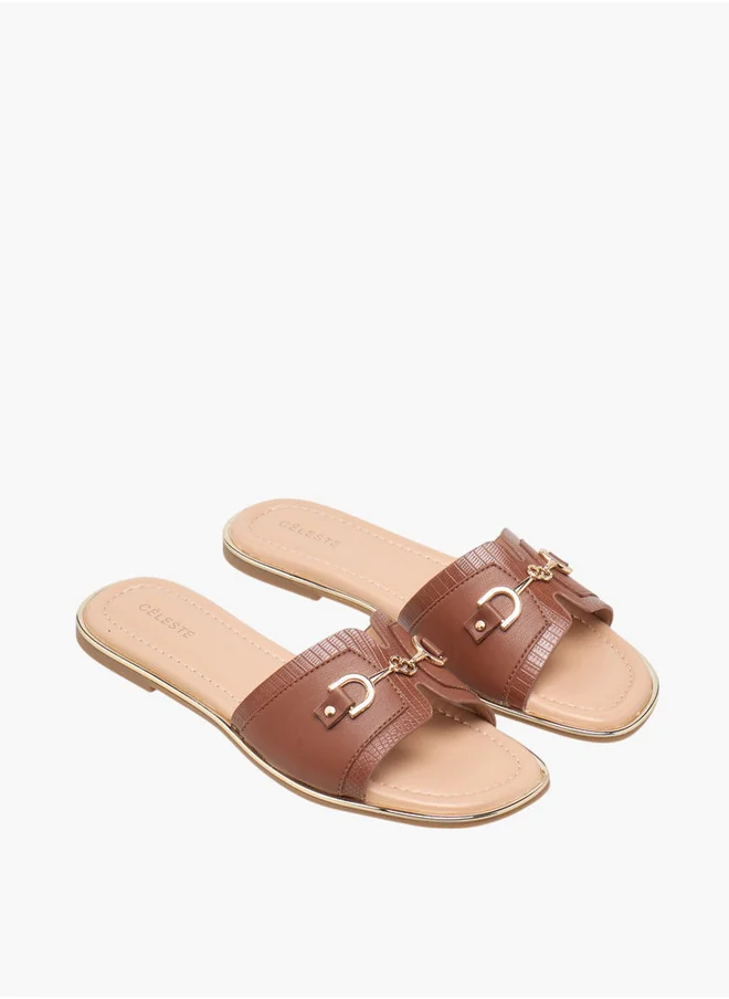 سيليست Women's Textured Slip-On Sandals with Metal Accent