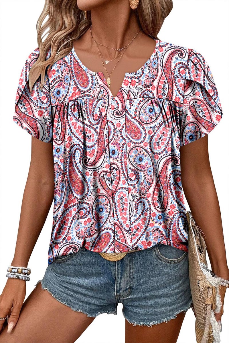 CRAZY GRID Womens Summer Tops V Neck Ruffle Short Sleeve Tops for Women Casual Solid Shirt Cute Cotton Babydoll Blouses Tunic Vitality Pink-XL - Image 1