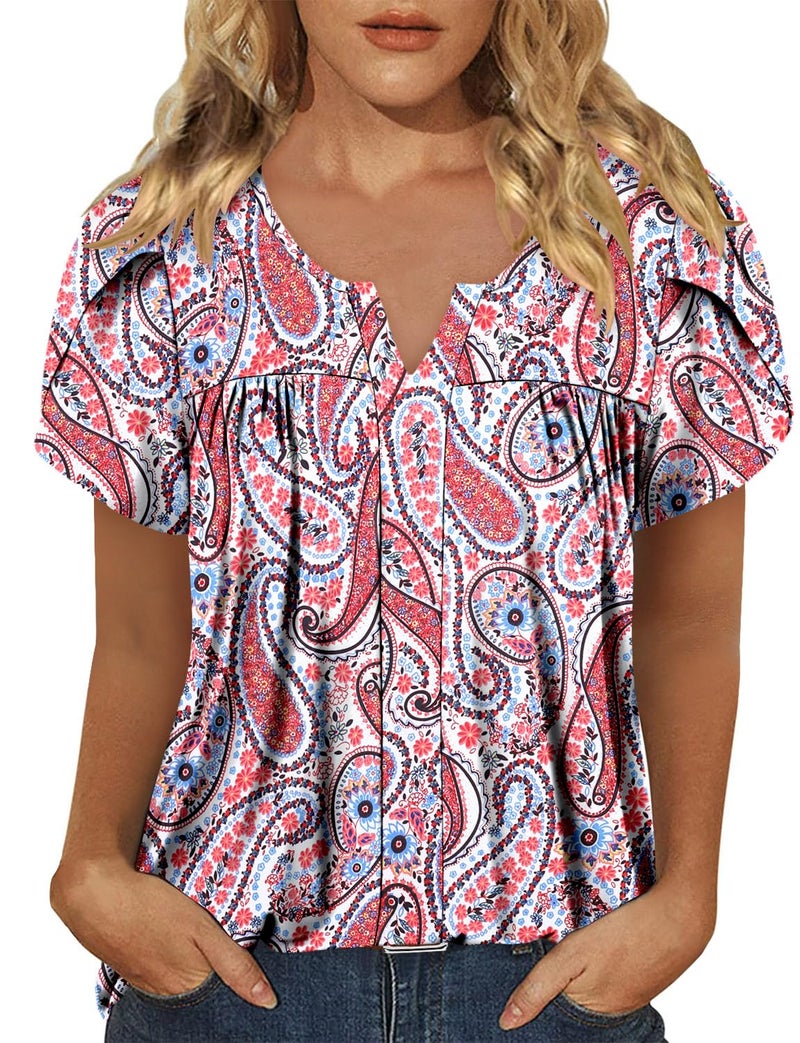 CRAZY GRID Womens Summer Tops V Neck Ruffle Short Sleeve Tops for Women Casual Solid Shirt Cute Cotton Babydoll Blouses Tunic Vitality Pink-XL - Image 4