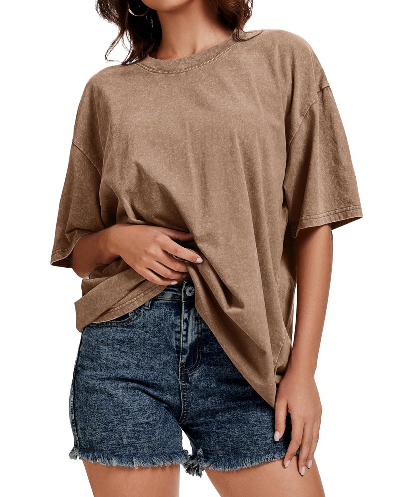rosemia Oversized Tshirts for Women Acid Wash Short Sleeve Cotton Shirts Vintage Baggy Tops, Plain Khaki, L - Image 2