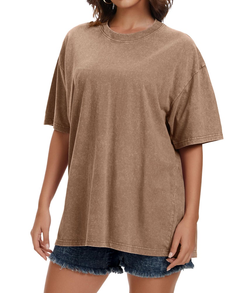 rosemia Oversized Tshirts for Women Acid Wash Short Sleeve Cotton Shirts Vintage Baggy Tops, Plain Khaki, L - Image 4