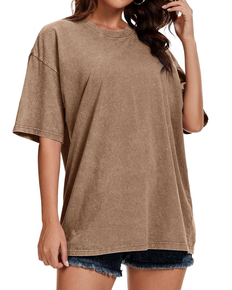 rosemia Oversized Tshirts for Women Acid Wash Short Sleeve Cotton Shirts Vintage Baggy Tops, Plain Khaki, L - Image 3