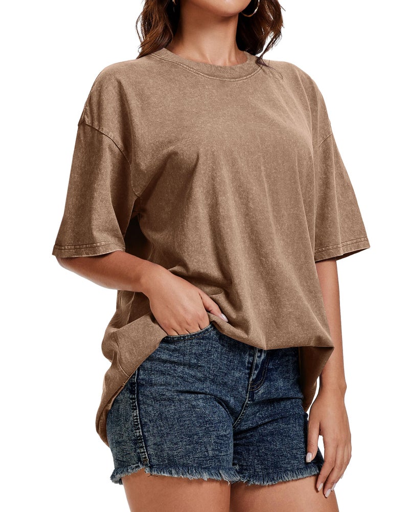 rosemia Oversized Tshirts for Women Acid Wash Short Sleeve Cotton Shirts Vintage Baggy Tops, Plain Khaki, L - Image 5