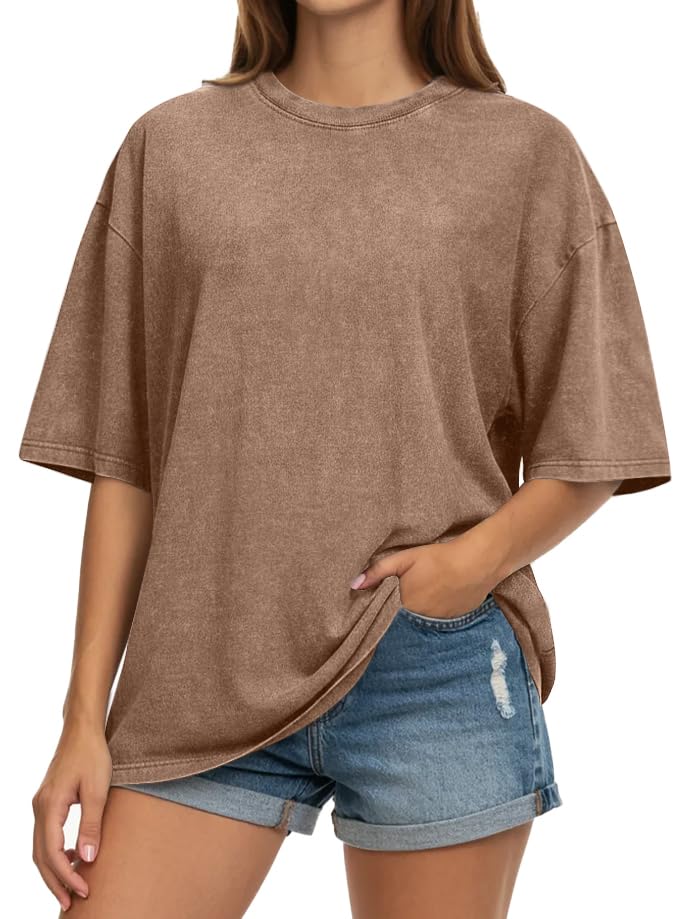 rosemia Oversized Tshirts for Women Acid Wash Short Sleeve Cotton Shirts Vintage Baggy Tops, Plain Khaki, L - Image 1