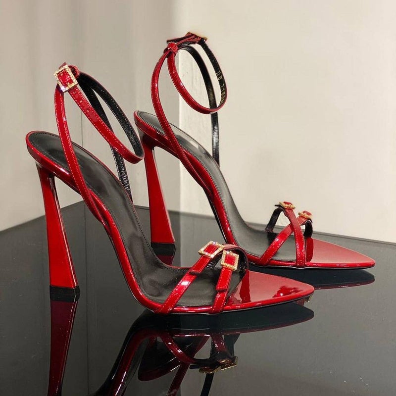 Summer Open-Toe Rhinestone Buckle Sandals Stiletto Red Thin Straps Beautiful High Heels - Image 4
