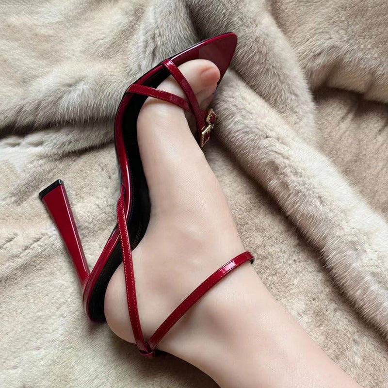 Summer Open-Toe Rhinestone Buckle Sandals Stiletto Red Thin Straps Beautiful High Heels - Image 5