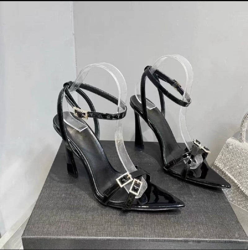 Summer Open-Toe Rhinestone Buckle Sandals Stiletto Red Thin Straps Beautiful High Heels - Image 1