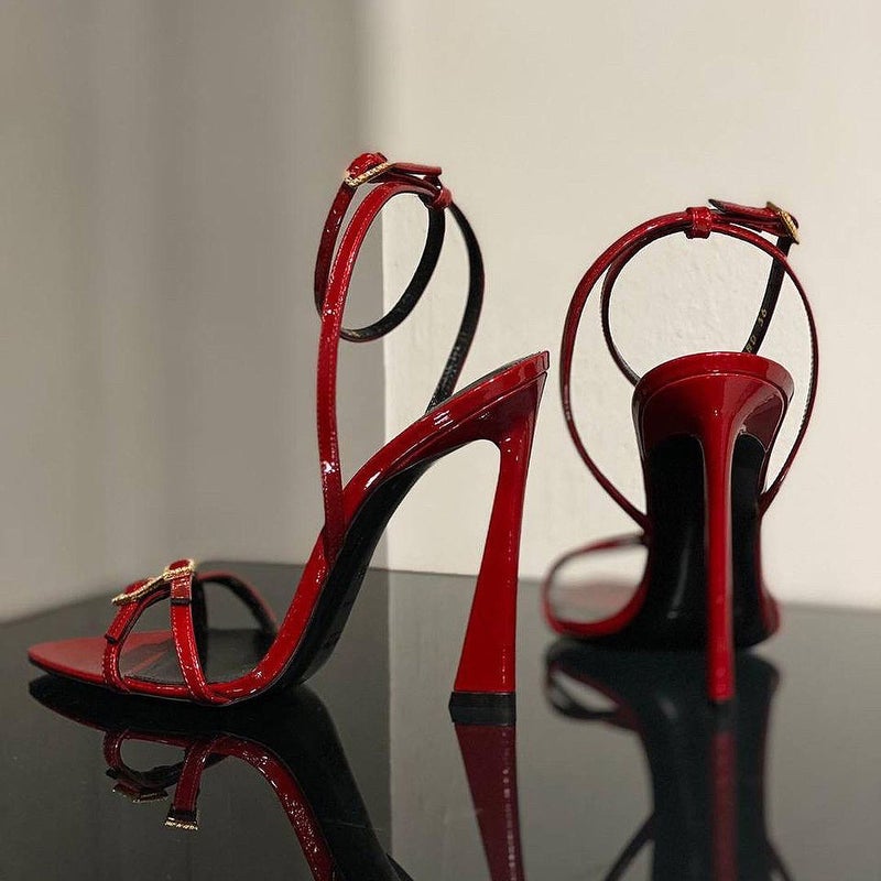 Summer Open-Toe Rhinestone Buckle Sandals Stiletto Red Thin Straps Beautiful High Heels - Image 2