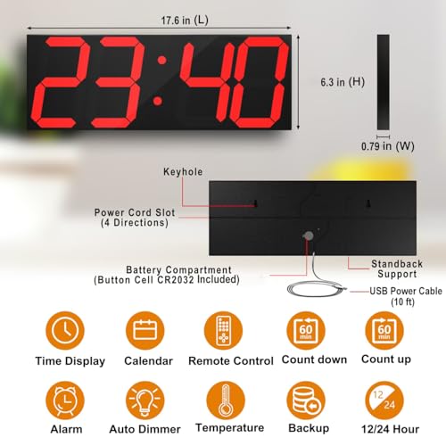 CHKOSDA LED Large Digital Wall Clock, Oversize Wall Clock with 6” Numbers, Remote Control Count up/Countdown Timer Clock, Auto Dimmer, Big Calendar and Thermometer(Red) - Image 2