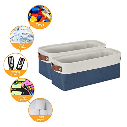 DULLEMELO Toilet Paper Baskets for Storage 15"x6"x5.5" Small Rectangular Baskets for Towels [2 Pack] Collapsible Fabric for Organizing Closet,Shelf,Toys (White&Blue) - Image 5