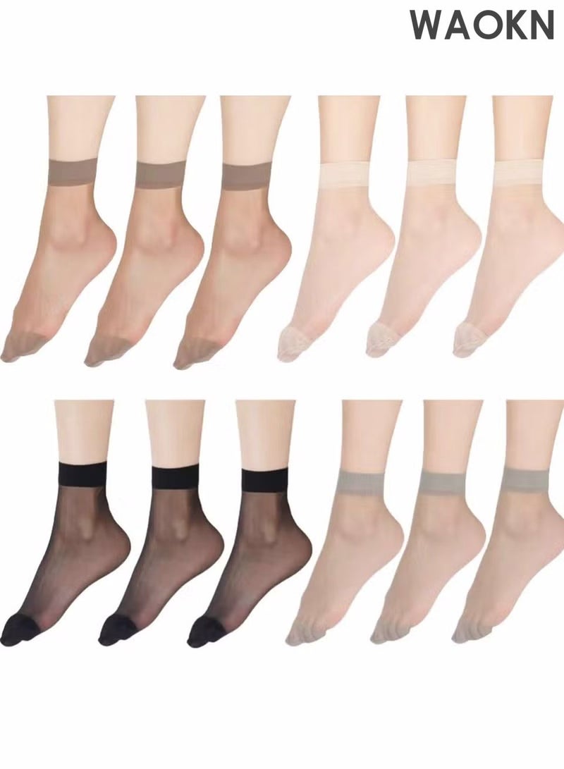 WAOKN 12 Pairs Sheer Ankle Socks Thin Nylon Transparent Ankle High Hosiery Socks Short Dress Stockings for Women Girls  Crew Stocking Soft Tight Hosiery Thin Through Calf High Silk Socks (Multi Color) - Image 1