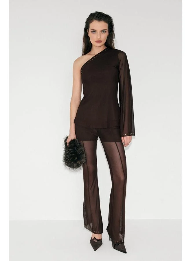 GRIMELANGE SOMBRAS women's waist-elastic pants with inner shorts, lined, star‑stone detail, transparent tulle, brown.