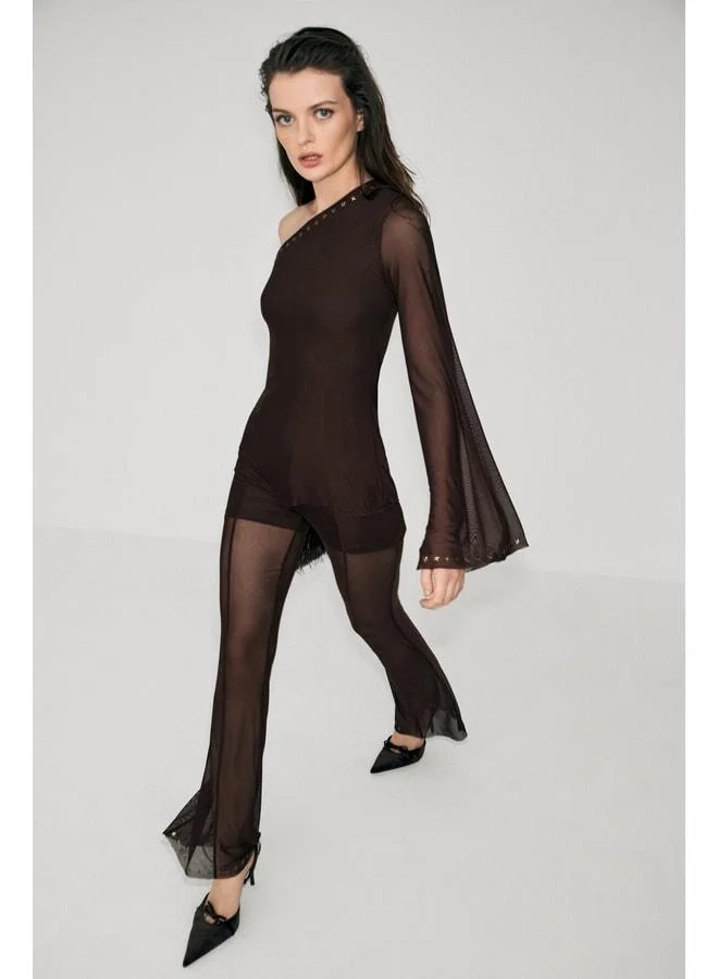 GRIMELANGE SOMBRAS women's waist-elastic pants with inner shorts, lined, star‑stone detail, transparent tulle, brown.