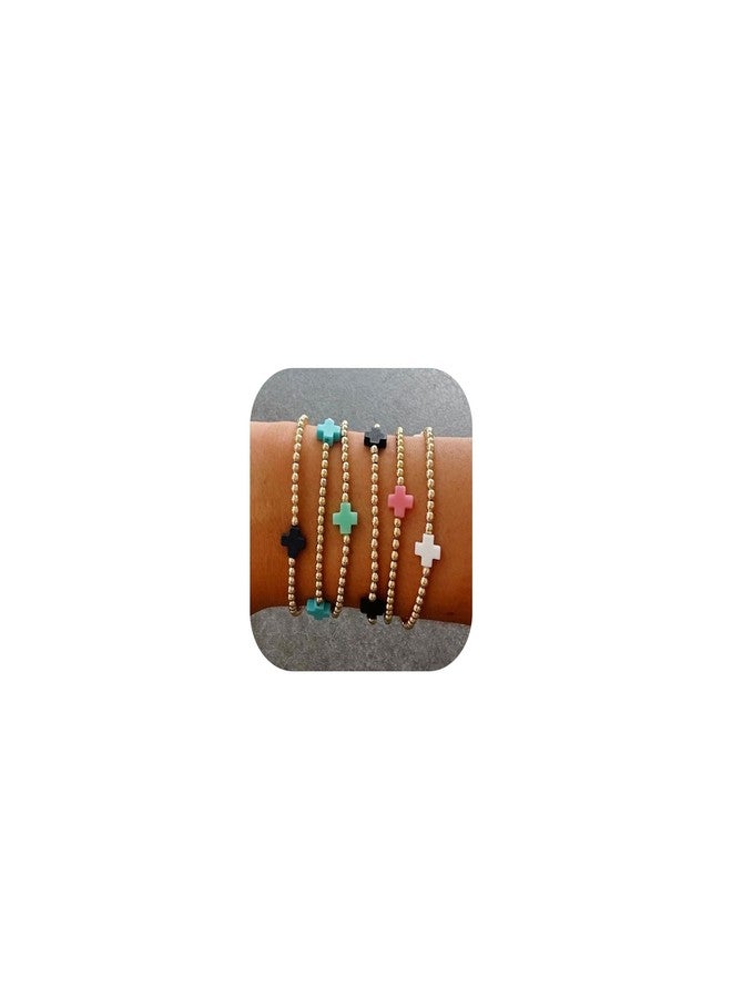 Dcfywl731 Gold Bracelets for Women Stack Non Tarnish Cross Pearl Stretch Beaded Bracelets Jewelry Birthday Valentines Day Gifts for Women Easter Basket Stuffers - Image 1