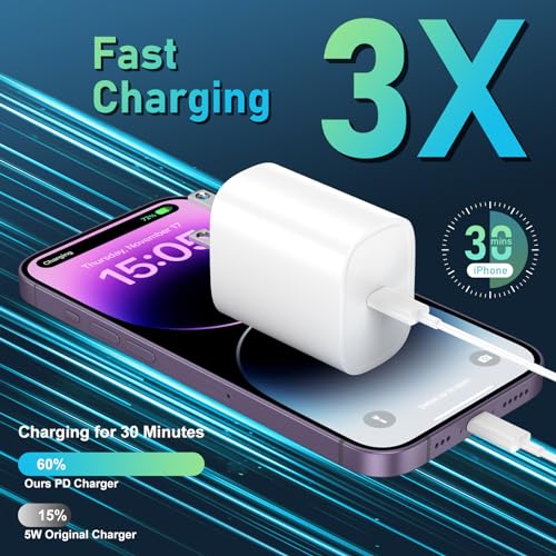 DiHines Phone 14 13 12 11 Fast Charger,6FT Long Fast Charging Lightning Cable with 20W USB C Charger Block for Phone 14/14 Pro Max/13/13 Pro Max/12/12 Pro Max/11/11Pro/XS/Max/XR/X,Pad,White - Image 2