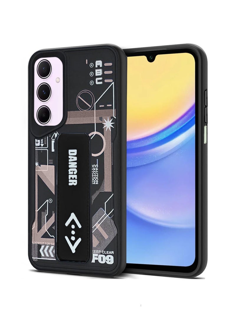 Techie غطاء خلفي سيليكوني للأزياء الجمالية مع مقبض يد مغناطيسي وحامل لهاتف سامسونج جالاكسي A15 - أسود/أسود - Image 1
