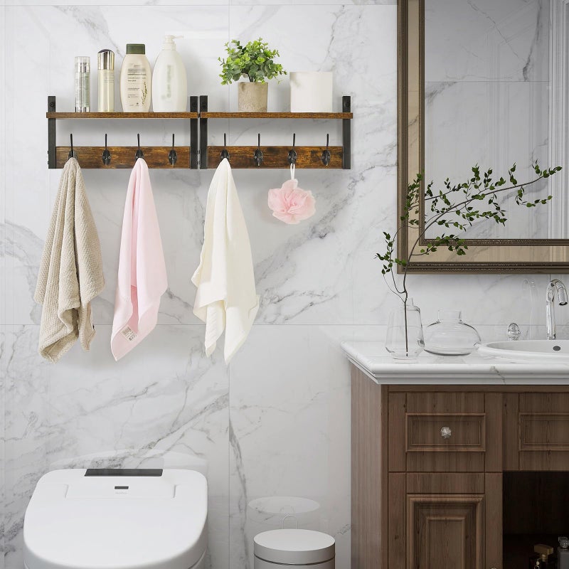 YMYNY Coat Rack Shelf Wall Mounted, Coat Hooks Set of 2, Entryway Coat Hanger with 8 Hooks, 31.5" Wall Floating Shelf with Hat Rack, for Kitchen, Bedroom, Bathroom, Rustic Brown UHWS001H-2 - Image 4