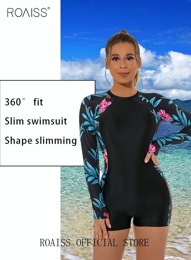 roaiss Women One Piece Backless Swimsuit Color Block Surf Clothes Long Sleeve Swimwear Conservative Beachwear Bathing Suit Sports Suits Jumpsuit  - Image 4