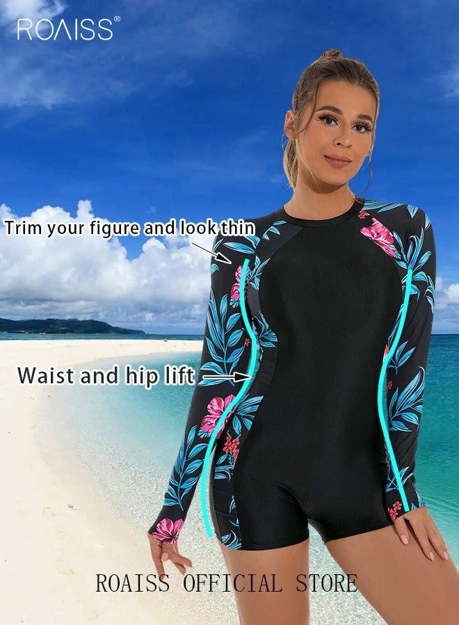 roaiss Women One Piece Backless Swimsuit Color Block Surf Clothes Long Sleeve Swimwear Conservative Beachwear Bathing Suit Sports Suits Jumpsuit  - Image 2