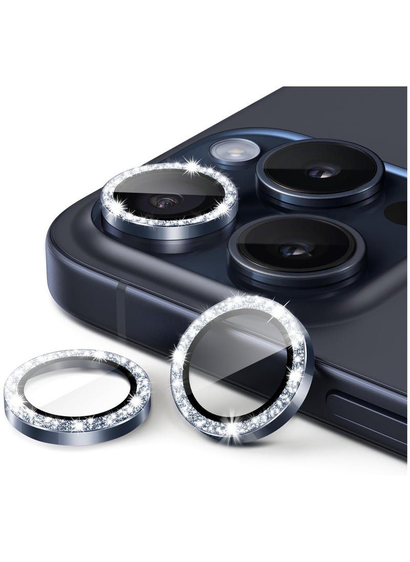 Raxoom Camera Lens Protector for iPhone 15 Pro 6.1-Inch and iPhone 15 Pro Max 6.7-Inch, Bling Glitter Individual 9H Tempered Glass Metal Ring Cover, HD Clear, 3-Pack (Blue Titanium) - Image 1