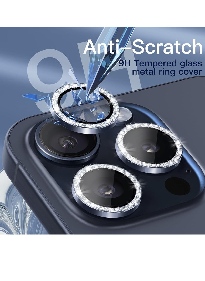 Raxoom Camera Lens Protector for iPhone 15 Pro 6.1-Inch and iPhone 15 Pro Max 6.7-Inch, Bling Glitter Individual 9H Tempered Glass Metal Ring Cover, HD Clear, 3-Pack (Blue Titanium) - Image 4