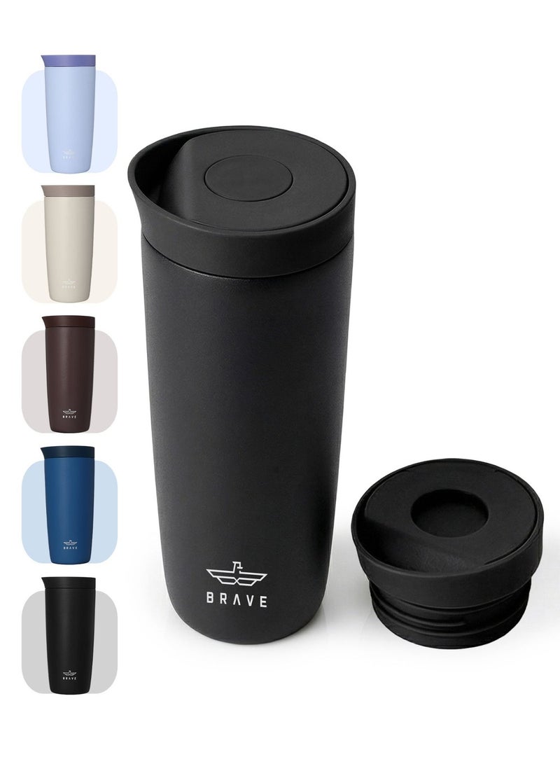 Brave Insulated Travel Mug 350ml Stainless Steel Coffee Cup with Push Button Lid, Double Wall Vacuum Flask Thermos, Leakproof Tumbler for Hot & Cold Drinks, Keeps Hot 8 Hours Cold 24 Hours, Portable Durable Coffee Tea Water Mug, Cup Holder Friendly Travel Tumbler (Black) - Image 1
