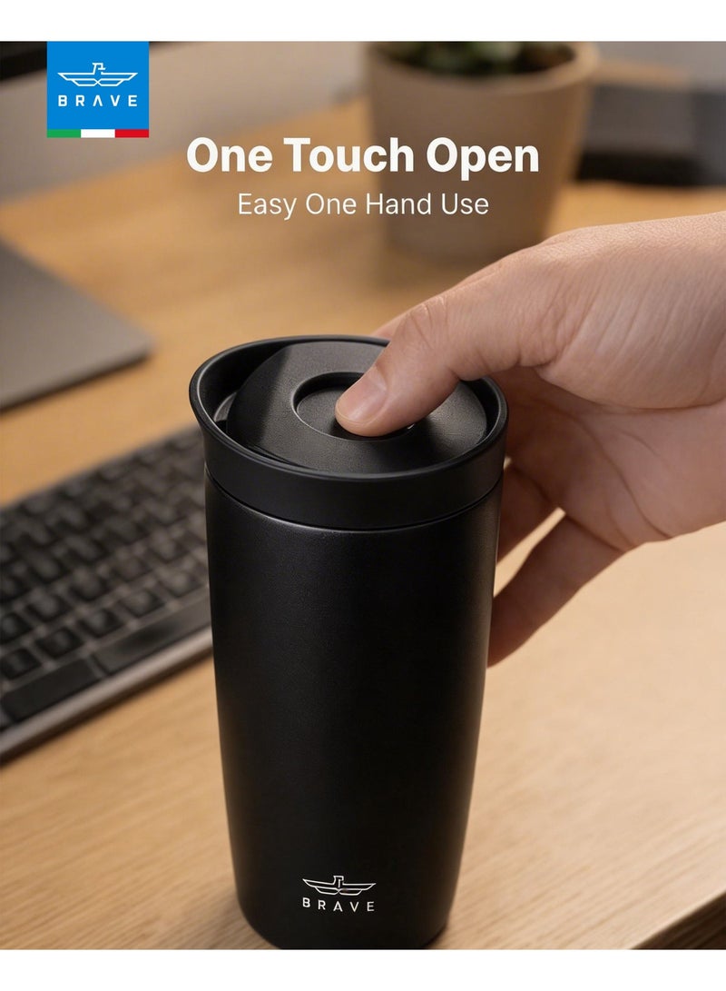 Brave Insulated Travel Mug 350ml Stainless Steel Coffee Cup with Push Button Lid, Double Wall Vacuum Flask Thermos, Leakproof Tumbler for Hot & Cold Drinks, Keeps Hot 8 Hours Cold 24 Hours, Portable Durable Coffee Tea Water Mug, Cup Holder Friendly Travel Tumbler (Black) - Image 2