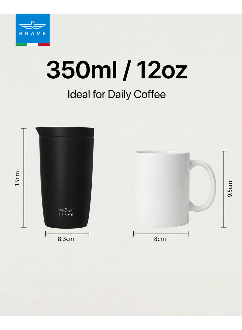 Brave Insulated Travel Mug 350ml Stainless Steel Coffee Cup with Push Button Lid, Double Wall Vacuum Flask Thermos, Leakproof Tumbler for Hot & Cold Drinks, Keeps Hot 8 Hours Cold 24 Hours, Portable Durable Coffee Tea Water Mug, Cup Holder Friendly Travel Tumbler (Black) - Image 3