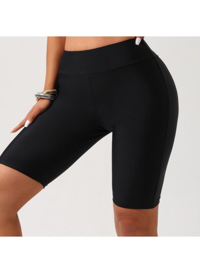 إسكدنيا Solid Color Women's Swimming Trunks Flat Angle Swimming Trunks Swimming Wading Sports European And American Fashion Five-point Swimming Trunks-Color:Black- - Image 2